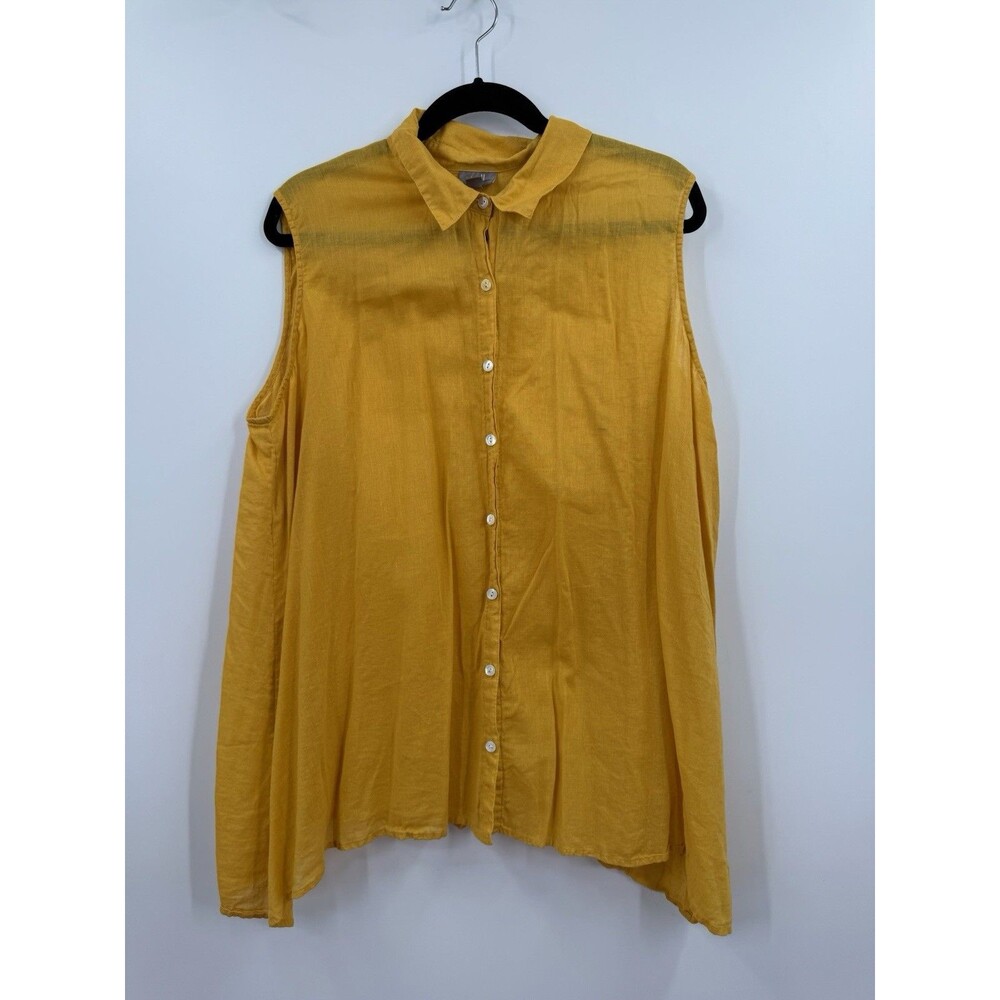 J.Jill Top Medium Linen Cotton Yellow Button Collar Sleeveless Relaxed Casual